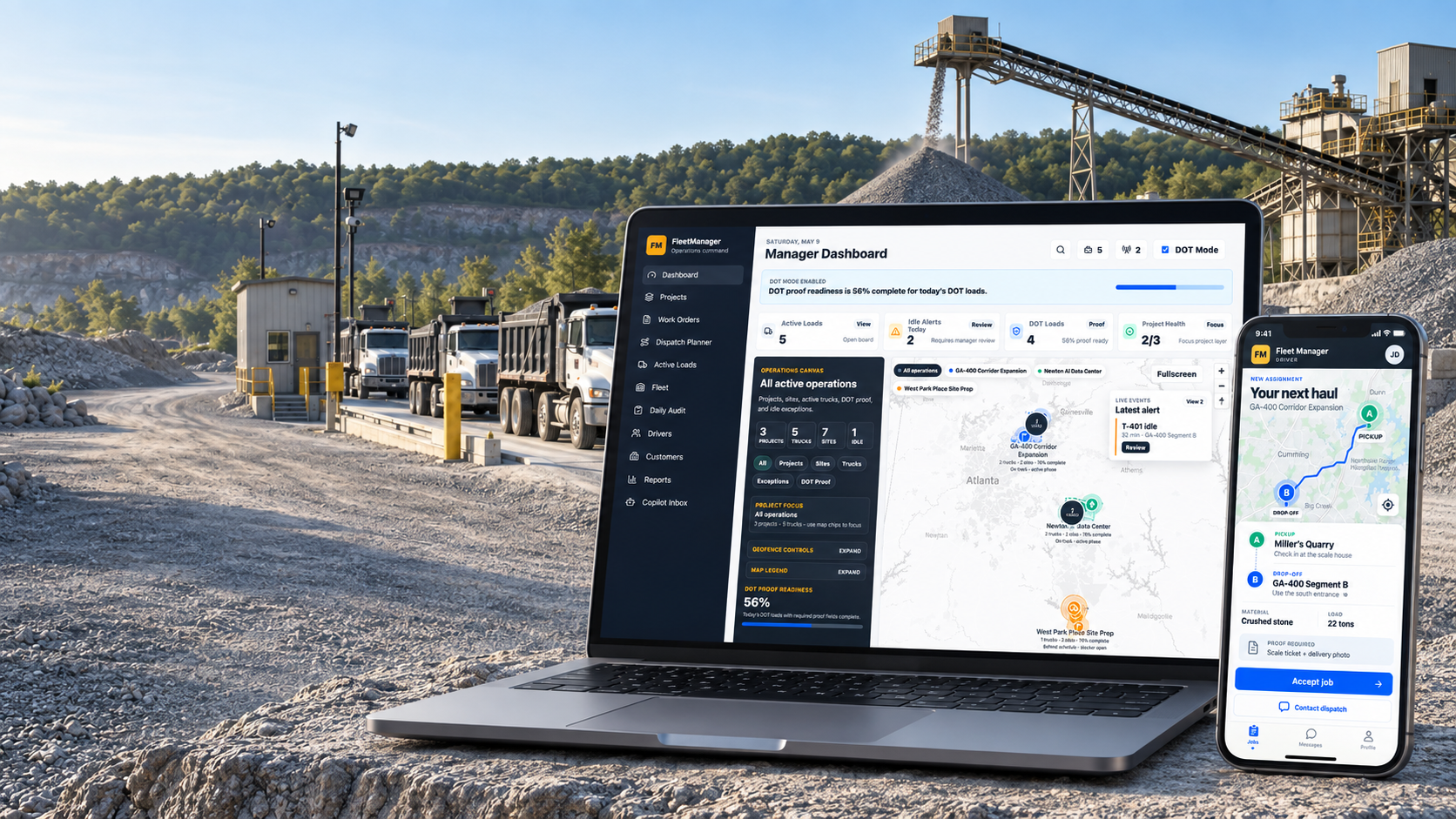 Fleet Manager dashboard on a laptop beside the mobile driver app at a quarry